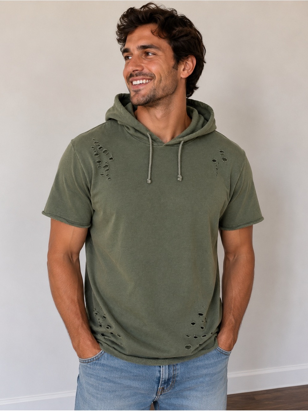PacSun LA Oversized Distressed Short-Sleeve Hoodie in Olive, Men’s Size Small